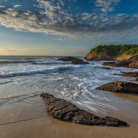 Tropical beach at sunset, Sri Lanka. Copy space for textの写真素材