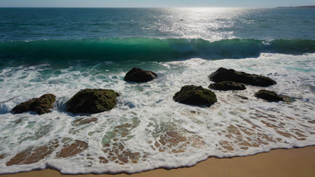 Beach and rocks on the coast of the Atlantic Ocean in Portugalの写真素材