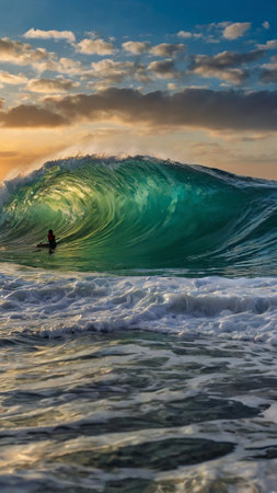 Surfer on Blue Ocean Wave at Sunset, Bali, Indonesia