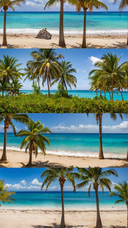 Collage of tropical beach with palm trees and turquoise waterの写真素材