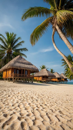 Tropical beach with wooden bungalows and palm trees.の写真素材