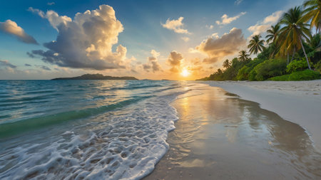 Beautiful sunset on the tropical beach, Seychelles.