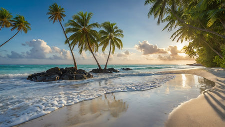 Palm trees on tropical beach at sunset, Seychellesの写真素材