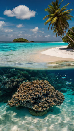 Tropical beach with coral reef and palm tree at Seychellesの写真素材