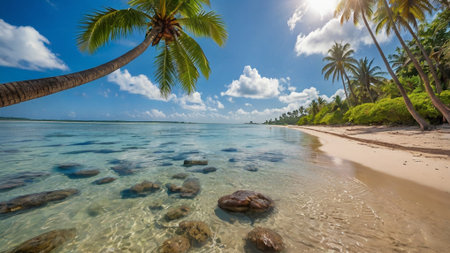 Panorama of a beautiful tropical beach with palm trees and rocks.
