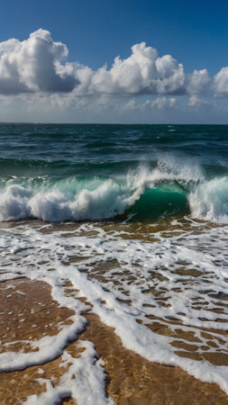 Waves breaking on the shore of the Mediterranean Sea in Israel.の写真素材