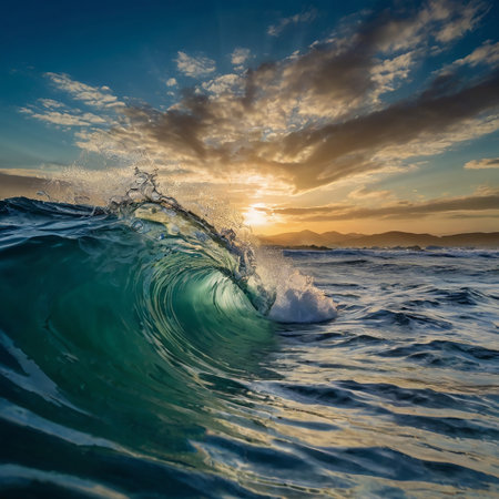 Ocean wave at sunset. Breaking wave with splashes of water.