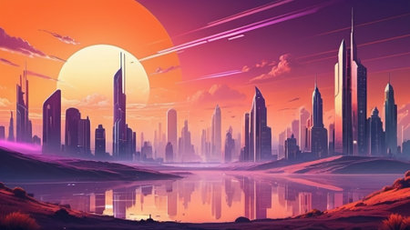 Futuristic city at sunset. Digital illustration. 3d renderingの写真素材
