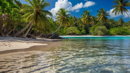 Panoramic view of an idyllic beach at Seychelles