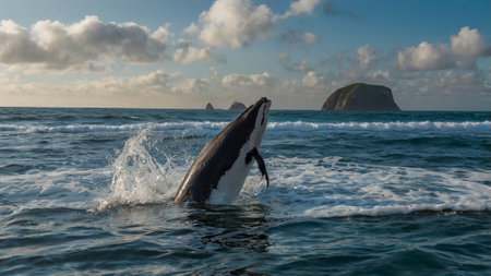 Dolphin jumping out of the water with a rock in the backgroundの写真素材
