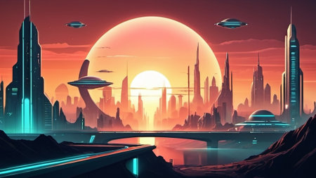 Futuristic city with road and UFO flying saucer. Vector illustrationの写真素材