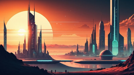 Futuristic city at sunset. Futuristic city in the futureの写真素材