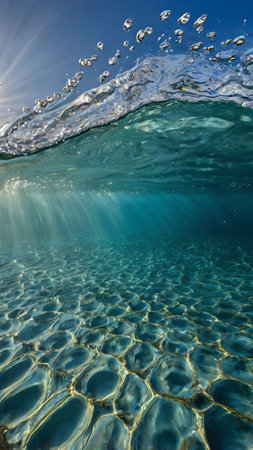 Underwater view of the surface of the sea with waves and bubblesの写真素材