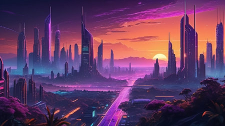 Futuristic city with skyscrapers and high-rise buildingsの写真素材