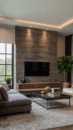 Interior of modern living room with fireplace, tv and coffee tableの写真素材