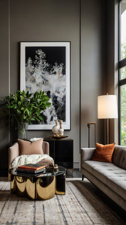 modern living room with sofa, armchair, coffee table and painting