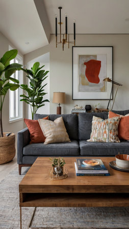 Interior of living room with grey sofa, coffee table and plants