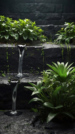 waterfall in the garden on a black stone background with green plantsの写真素材