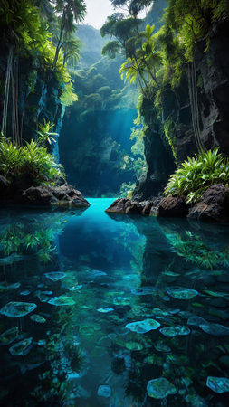 Tropical rainforest and crystal clear turquoise water.