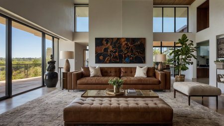 interior of a modern house, living room with brown leather sofaの写真素材