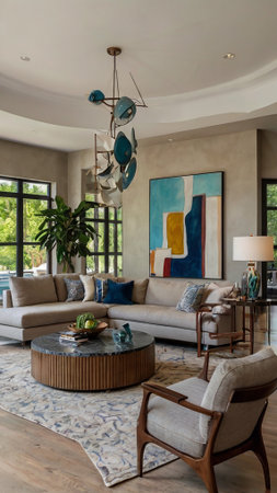 Interior of modern living room with sofa, armchairs and coffee table