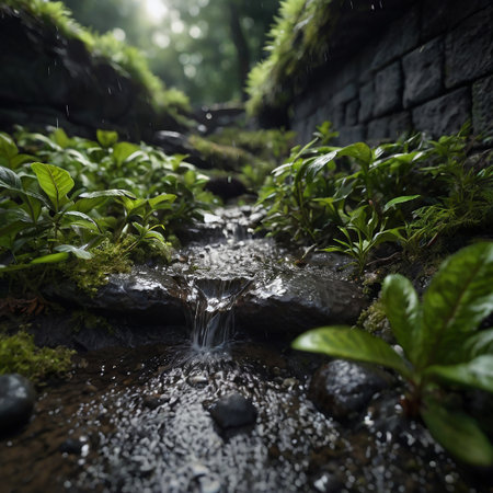 Small waterfall in Japanese garden with green plants and stones. Selective focus