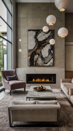 Luxury living room with fireplace, sofa and armchair, interior designの写真素材