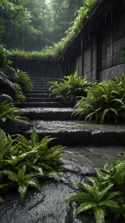 Wet stone stairs in the garden with green plants and rain dropsの写真素材