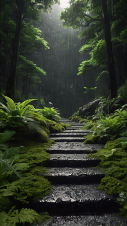 Stone stairs in the rain forest with ferns and fernsの写真素材