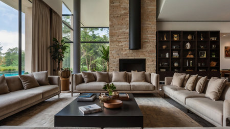 Modern living room interior with sofa, coffee table and bookshelf