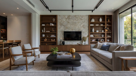 Interior of a modern living room with sofa and wooden bookcase