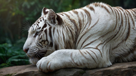 White tiger sleeping on the rock in the forest. Close up.の写真素材