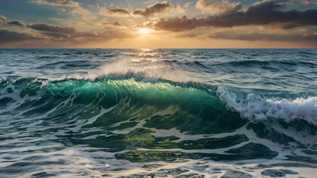 Beautiful sunset in the sea with a wave on the shore.の写真素材