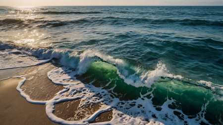 sea surf wave on the beach at sunset, panoramic view