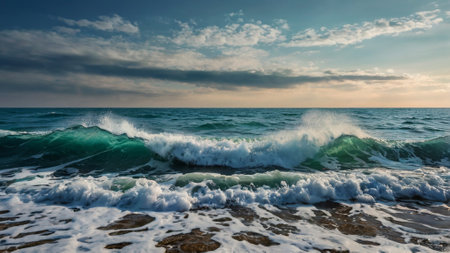 Waves breaking on the beach at sunset, panoramic viewの写真素材