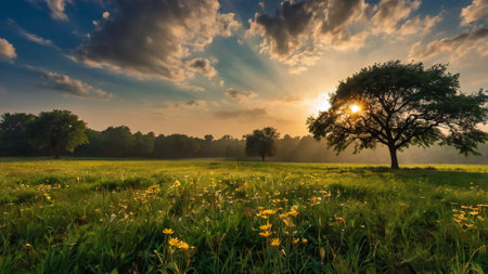 Sunset over a meadow with wildflowers and a treeの写真素材