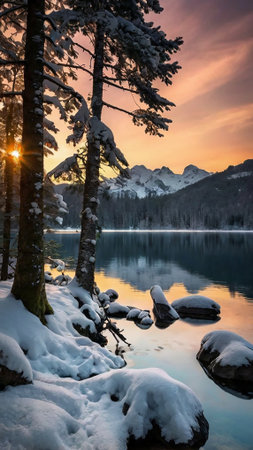 Beautiful winter landscape with snow covered trees and lake at sunset.