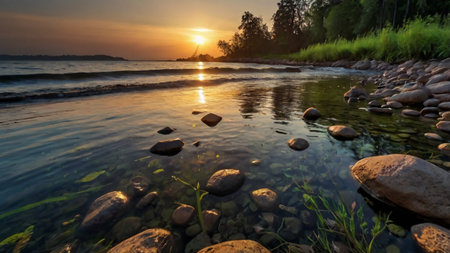 Beautiful sunset over the sea. Panoramic view of the river and the shore.の写真素材