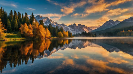 Mountain lake in autumn. Sunrise in the Dolomites.