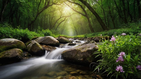 Beautiful summer landscape with a river in the forest. Soft focus.