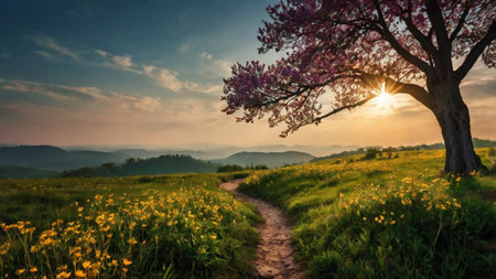 beautiful spring landscape with blooming cherry tree on the hillside
