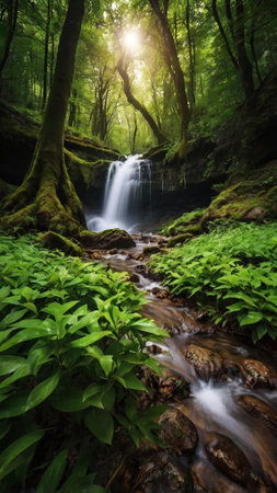 Beautiful waterfall in the green forest. Summer landscape with a waterfall.の写真素材