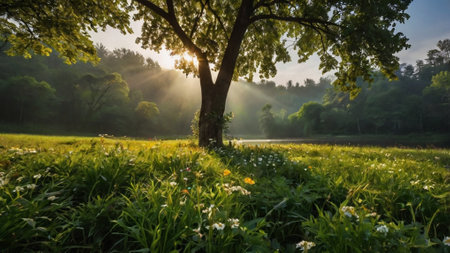 Sunrise in the park with sunbeams and daffodilsの写真素材