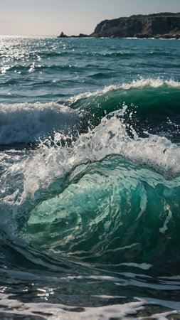Waves breaking on the shore of the Mediterranean Sea in Cyprus.の写真素材