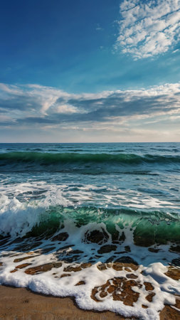 Seascape with stormy sea and blue sky. Nature composition.の写真素材