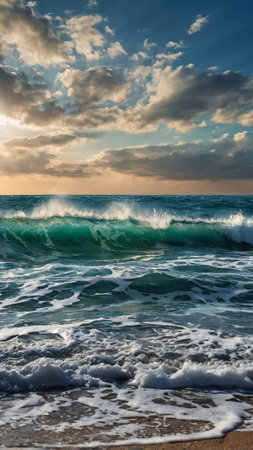 Sea wave on the sandy beach at sunset. Beautiful seascape.の写真素材