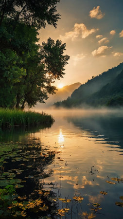 Beautiful sunrise on the lake with fog in the morning,Thailand