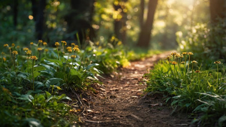 Path in the forest with yellow flowers in the rays of the setting sunの写真素材