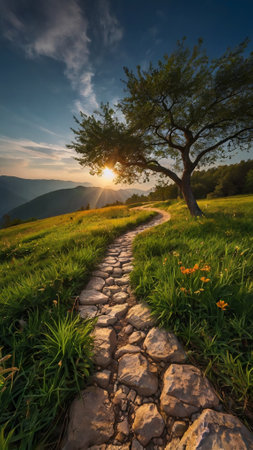 Sunset in the mountains with a tree and grassy path.の写真素材