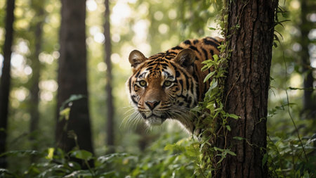 Sumatran tiger in the forest. Panthera tigris altaica
